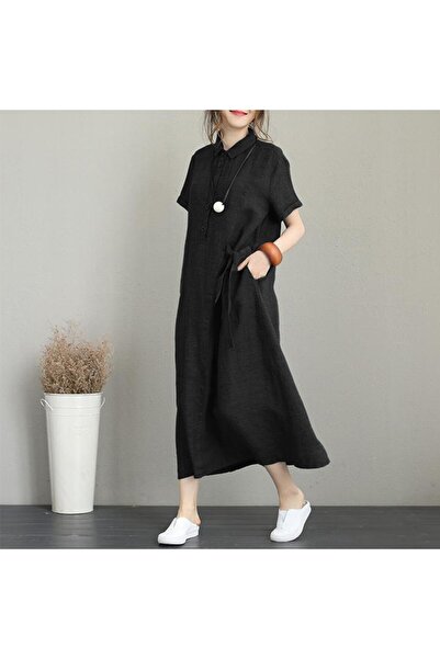 Toridas Γυναικείο Μαύρο Λινό Φόρεμα με Κοντά Μανίκια, Γιακά Πουκαμίσου, Χαλαρ...
