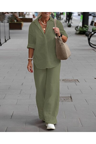 Toridas Women's Comfortable Fit Khaki Two-Piece Suit with Wide-Leg Pants