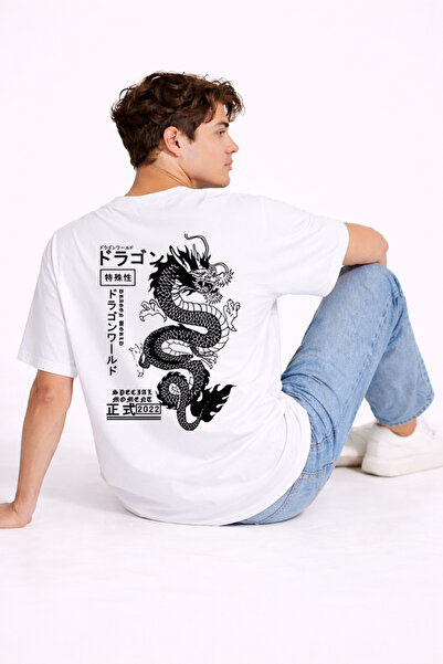 Ciel Lune Tricou supradimensionat pentru bărbați, cu imprimeu dragon pe spate...