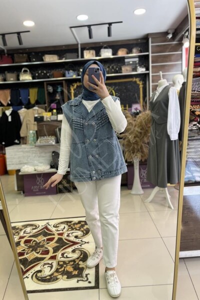 HUMEYRA Double Button Denim Vest