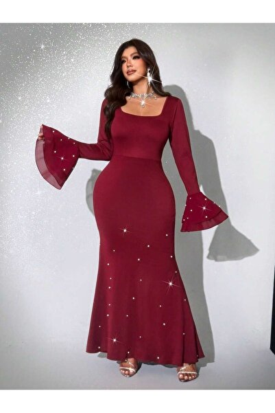 Iuliashop Rochie Lunga Oriana Grena cu Perle - Marimi Mari - 44