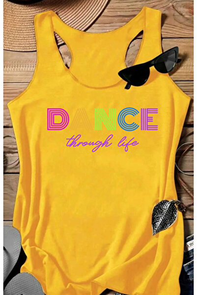 SUNFREE تي شيرت نسائي بدون أكمام مطبوع عليه DANCE