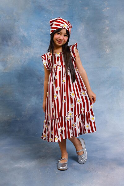 Perendi Κοριτσίστικο φόρεμα βισκόζης με ρίγες και σχέδιο μαργαρίτας με φουλάρι