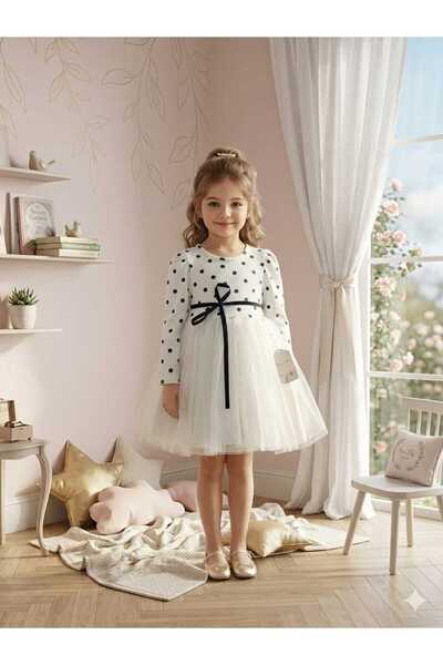 Lina Baby Bloom Uzun Kollu Kız Bebek Elbise Tül Etekli Fiyonklu Şık Model