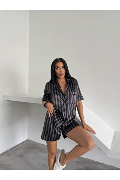 Loraofsilk SİYAH ÇİZGİLİ İPEK SATEN PİJAMA