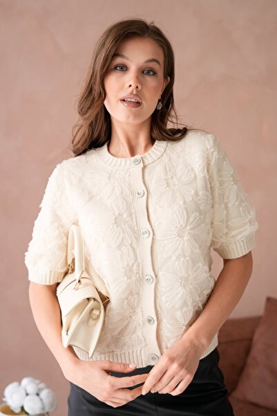 Noi Belis Floral Tulle Detailed Short Sleeve Knitwear Cardigan Ss26Hi0006