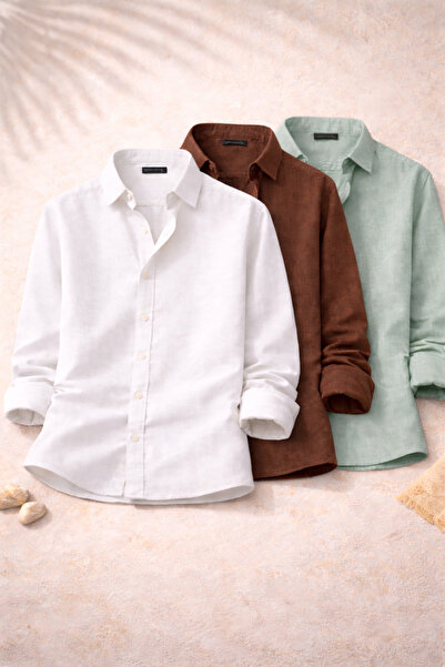 OTAKU Men's Sofia Linen Shirts Set of 3 Summer Breathable Comfortable Fit Sty...