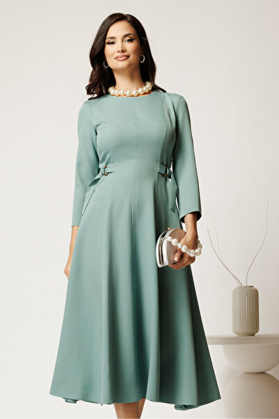 DyFashion Rochie midi verde mint din stofa in clos cu catarame in talie