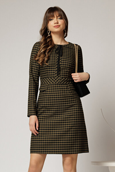 DyFashion Rochie scurta kaki cu carouri negre snur la guler si fusta tip A