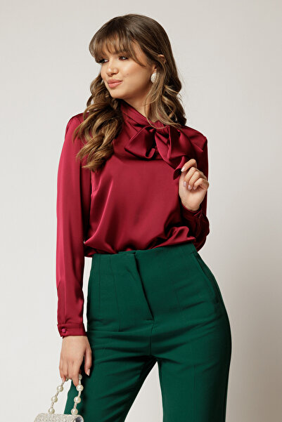 DyFashion Bluza bordo din satin eleganta cu funda la decolteu