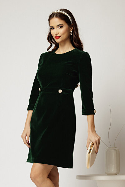 DyFashion Rochie DY Fashion din catifea fixa verde cu nasturi pe talie