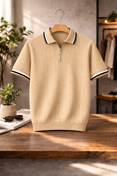 OTAKU Men's Zipper Polo Collar Knitwear T-Shirt Short Sleeve Summer Slim Fit ...