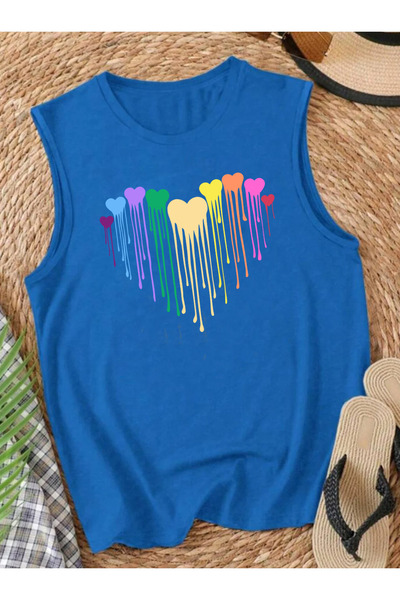 SUNFREE ΠΟΛΥΧΡΩΜΗ ΚΑΡΔΙΑ Τυπωμένη Αμάνικη Γυναικεία Καλοκαιρινή Μπλούζα με Λα...