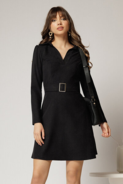 DyFashion Rochis scurta neagra din catifea reiata si catarama in talie