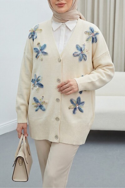 Modamorfo V-Neck Organza Tulle Floral Embroidered Knitwear Cardigan -Beige