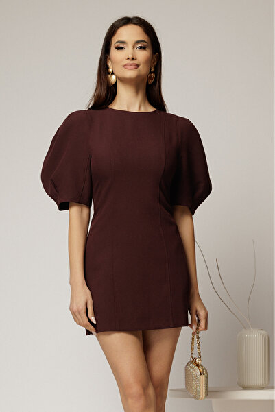 DyFashion Rochie scurta bordo cu croi cambrat si maneci scurte bufante