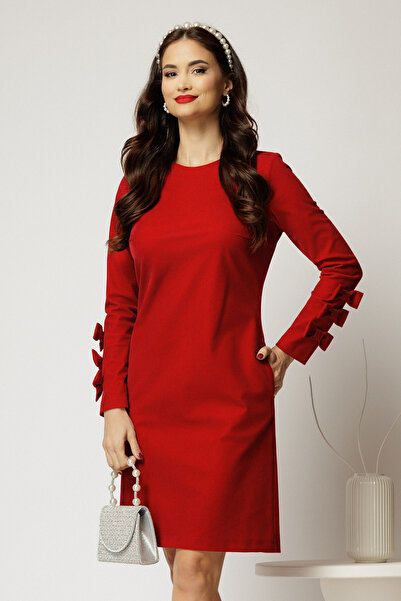 DyFashion Rochie DY Fashion scurta din catifea fixa bordo cu funde pe maneci