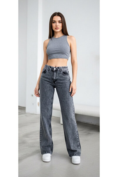 geenz manifacture Γκρι χιονισμένο ψηλόμεσο ελαστικό τζιν παντελόνι Lycra Palazzo