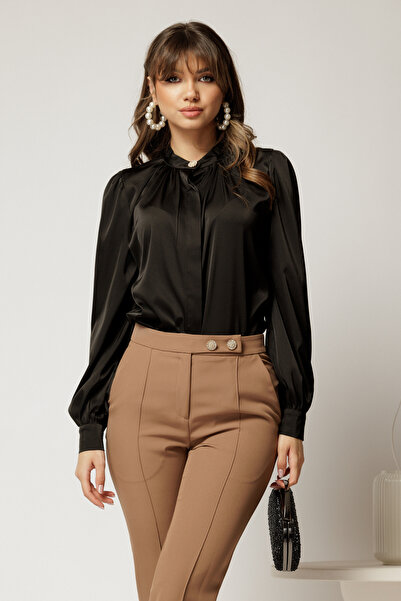 DyFashion Bluza DY Fashion neagra din satin cu guler tunica si nasture elegant