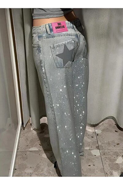 eyonnwear Γυναικείο γκρι γυαλιστερό παντελόνι με πέτρινη κεντητική διακόσμηση...