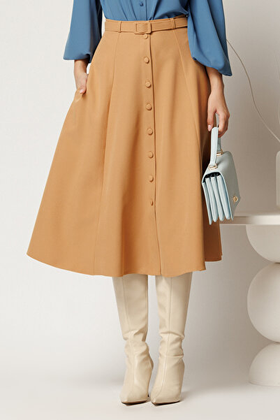DyFashion Fusta DY Fashion midi camel cu nasturi si curea in talie