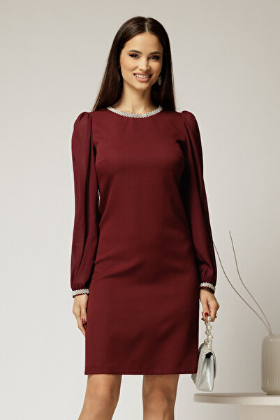 DyFashion Rochie DY Fashion bordo eleganta cu maneci din voal si aplicatii la...