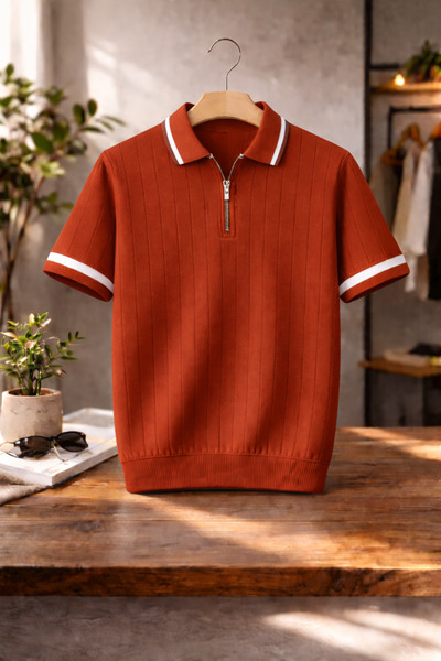 OTAKU Ανδρικό πλεκτό μπλουζάκι με φερμουάρ και λαιμόκοψη πόλο, κοντομάνικο, κ...