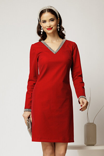 DyFashion Rochie DY Fashion bordo din catifea fixa cu perle la decolteu si ma...