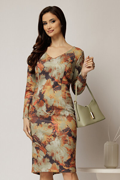 DyFashion Rochie midi dreapta cu imprimeu verde fistic si oranj