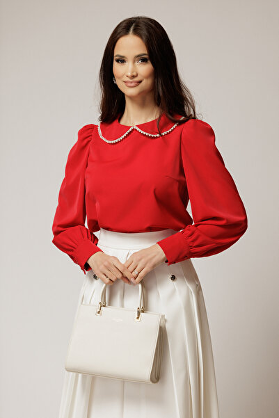 DyFashion Bluza DY Fashion eleganta din triplu voal rosie cu detalii perlate ...