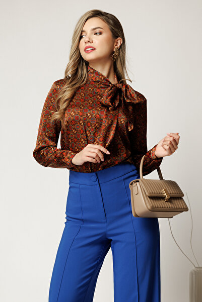 DyFashion Bluza eleganta maro cu imprimeuri caramizii din satin