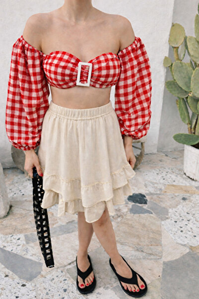 TOFAN TRİKO Plaid Crop Skirt Set