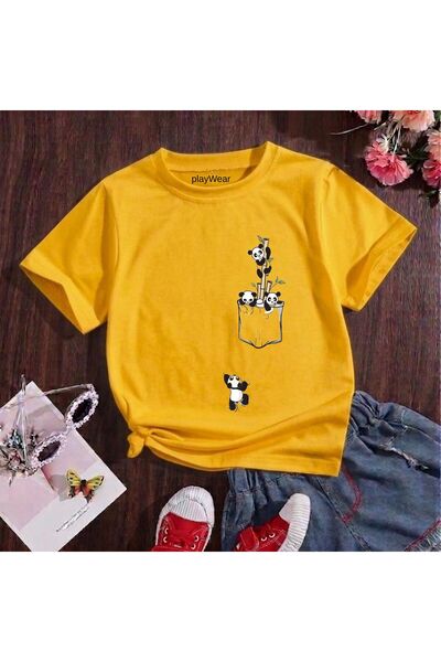 playwear Μίνι μπλουζάκι με στάμπα Panda, 100% βαμβακερό, με λαιμόκοψη ποδηλάτ...