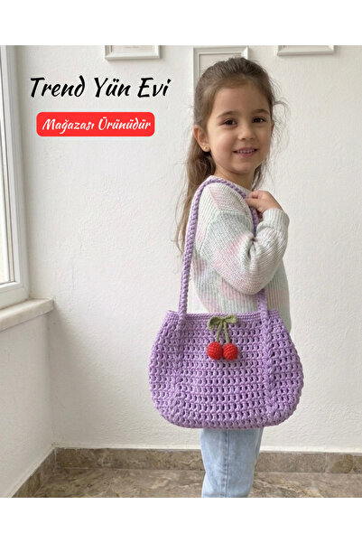 TrendYünEvi El Örgüsü Kirazlı Çocuk Çantası (18cm boy sapsız & 25cm en)