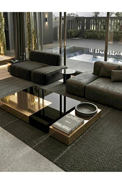 LUXURY VİLLA LUXURY GOLD AYNALI SIYAH CAMLI DEKORATIF ORTA SEHPA 100X180 YÜKS...