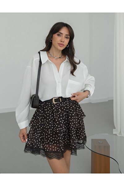 CADDELAMODA Γυναικεία φούστα σιφόν με ζώνη και πουά σχέδιο