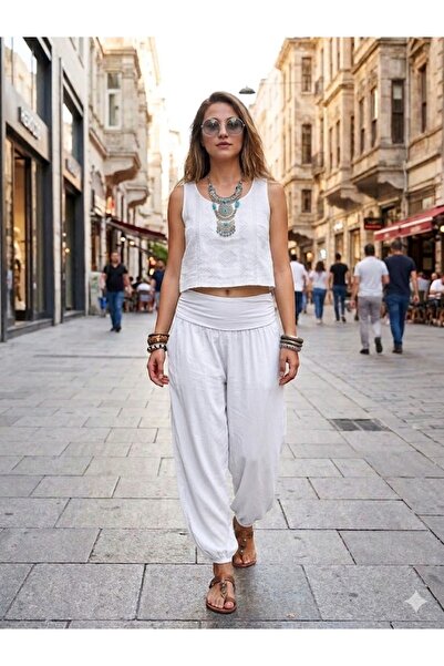 AYASOFYA OTANTIK Γυναικείο ιταλικό λευκό παντελόνι με απλό σχέδιο, ελαστική μ...