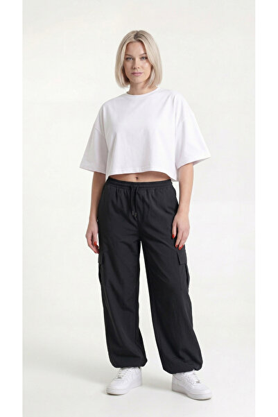 Quanlex Γυναικείο Oversize Μαύρο Παντελόνι Φόρμας Parachute Cargo με τσέπες, ...