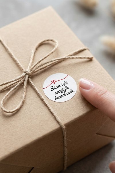 Hayali Çizgili 35-Pack of Stickers with the Text "Prepared with Love" 3 cm Round White Matte Stickers