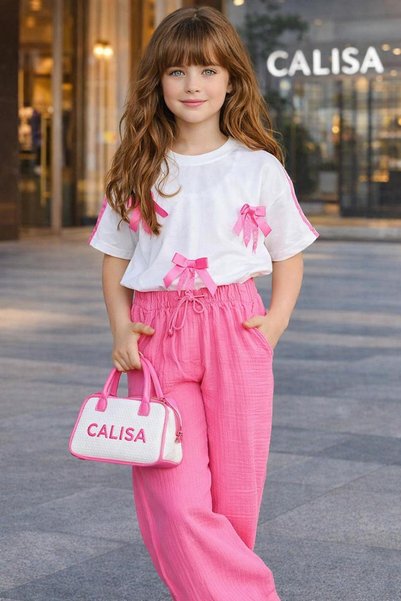 CALİSA Girl's Pink Trouser Suit with Bow Detail, Stylish Summer Combination |   5-14 Years Old