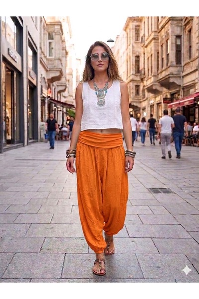 AYASOFYA OTANTIK Γυναικείο ιταλικό πορτοκαλί παντελόνι με απλό σχέδιο, ελαστι...