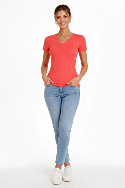 Tarz Kadın T-Shirt V Yaka Slim Fit Likralı Tişört Yazlık Basic Body - Nar Çiçeği