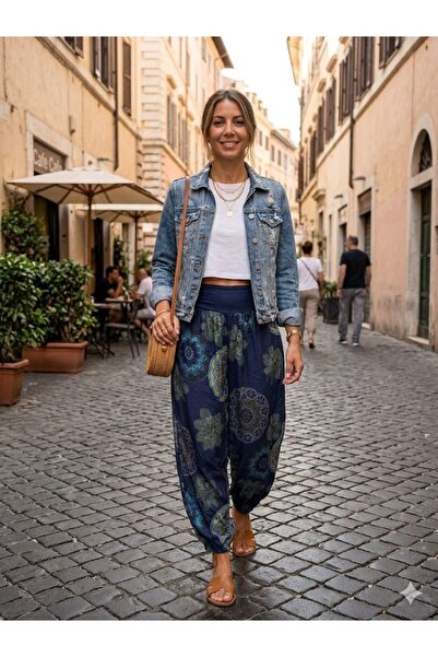 AYASOFYA OTANTIK Γυναικείο ιταλικό παντελόνι σε μπλε ναυτικό χρώμα με σχέδιο ...