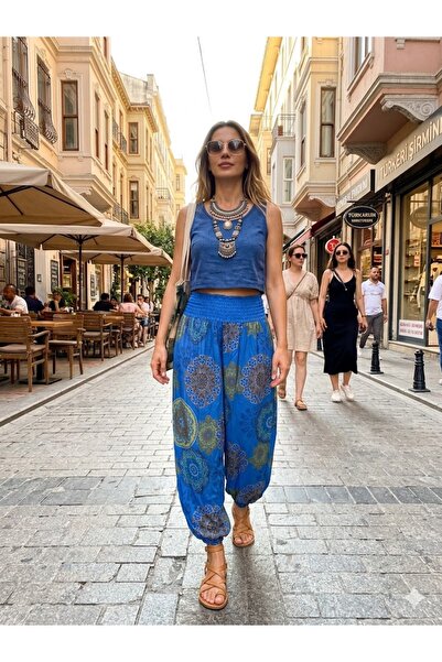 AYASOFYA OTANTIK Γυναικείο ιταλικό παντελόνι Saks μπλε με σχέδιο Mandela, με ...