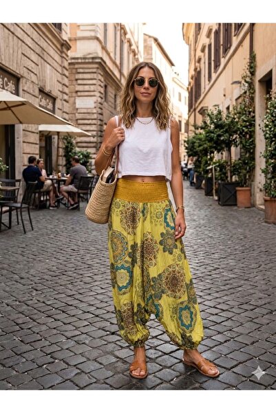 AYASOFYA OTANTIK Γυναικείο ιταλικό κίτρινο παντελόνι με σχέδιο Mandela, με ελ...