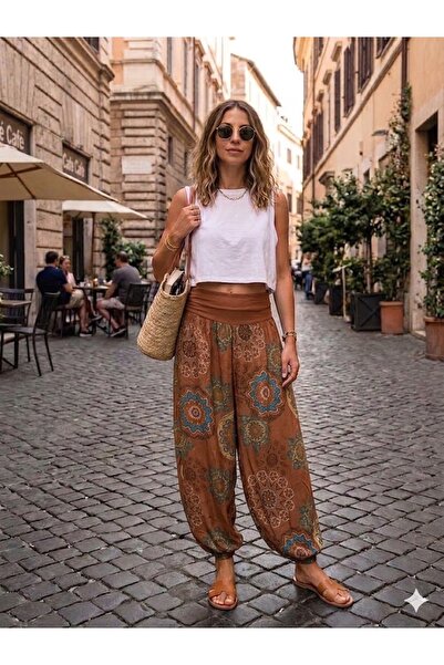 AYASOFYA OTANTIK Γυναικείο ιταλικό παντελόνι σαλάρ με σχέδιο κανέλας και μαντ...