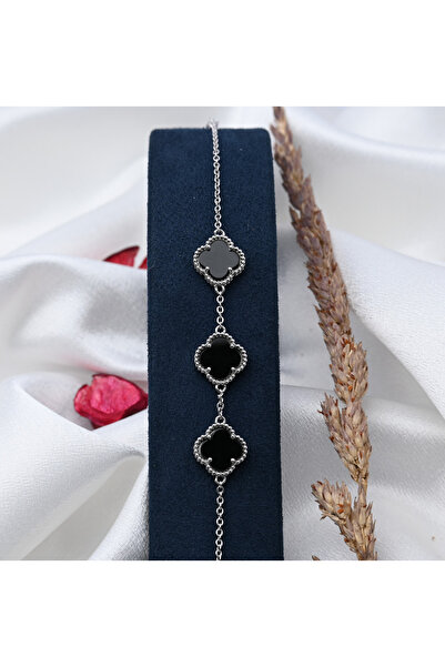 Masios Silver Üçlü Yonca Model Oniks Taşlı 925 Ayar Gümüş Bileklik (Rodyum Ka...