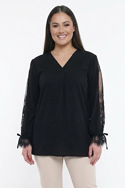 By Saygı Γυναικεία μπλούζα με δαντέλα στα μανίκια, λεπτομέρεια πιέτες, λύκρα ...