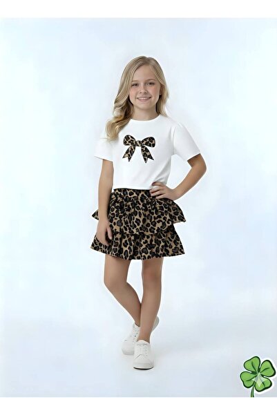 ARBİ kids Κοριτσίστικο μοντέρνο σετ με φιόγκο, πολυεπίπεδη φούστα με λεοπάρ σ...