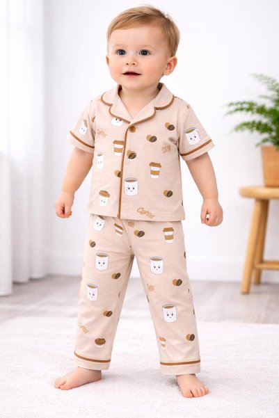 derin baby 100% Cotton Short Sleeve Buttoned Summer Girls Boys Coffee Patterned Style Baby Kids Pajama Set